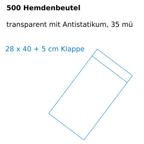 500 Hemdenbeutel, 28 x 40 + 5 cm Klappe, transparent mit Antistatikum, 35 mü